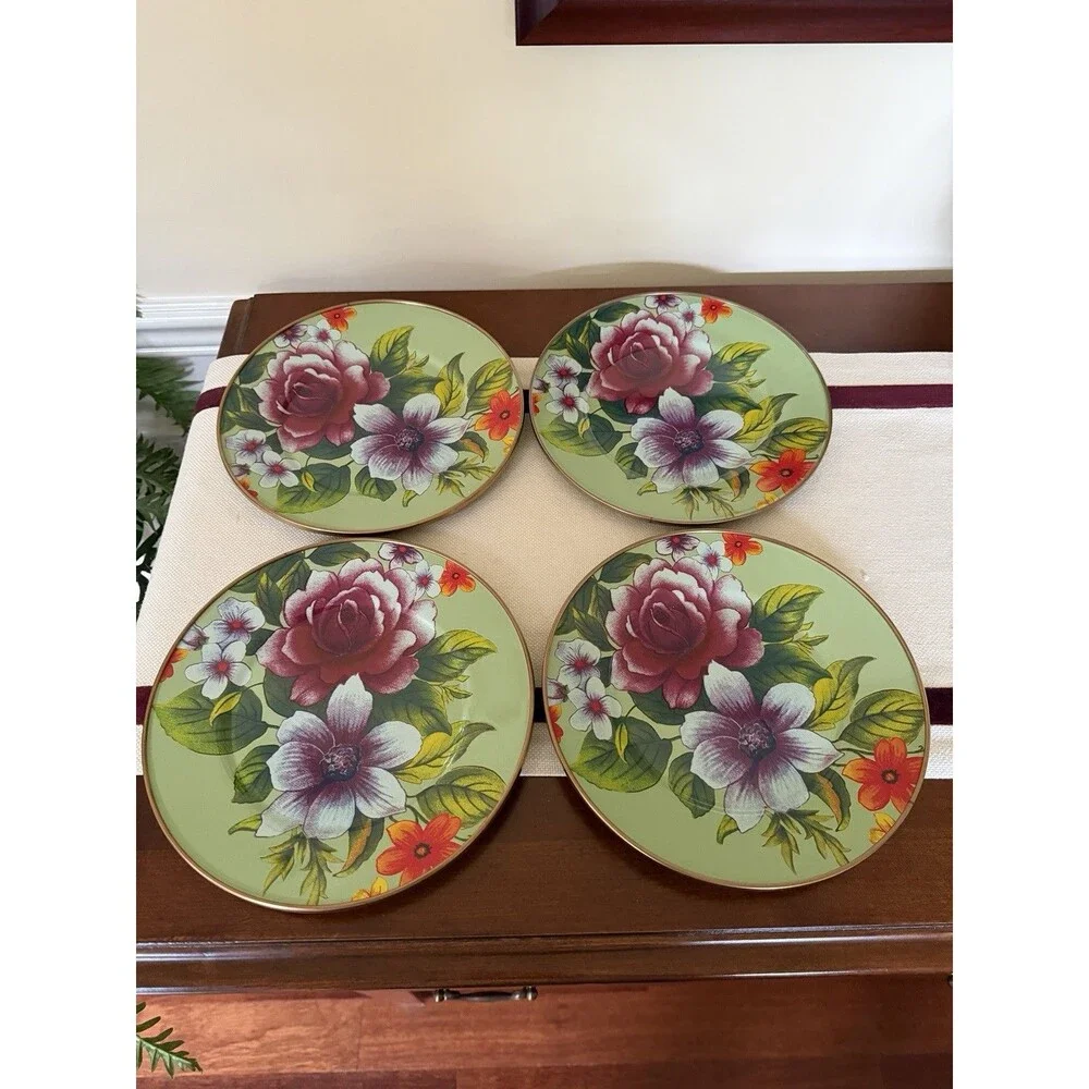 MacKenzie-Childs Green Flower Market Salad/Dessert Plate Set of 4 New In Box